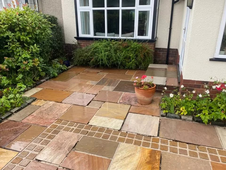 Natural-stone garden patio after cleaning