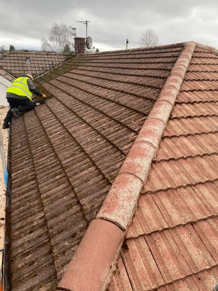 Exterior roof cleaning in progress