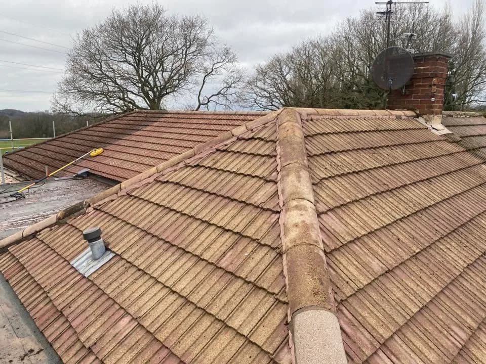 Cleaned pitched roof tiles viewed across the ridge